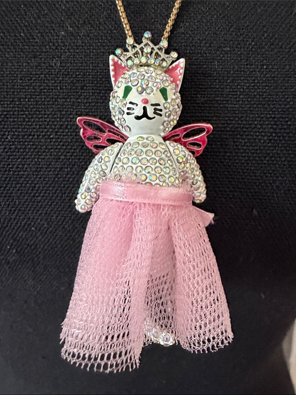 Betsey Johnson Pink Crystal Cat Princess Pendant Necklace - Picture 2 of 4